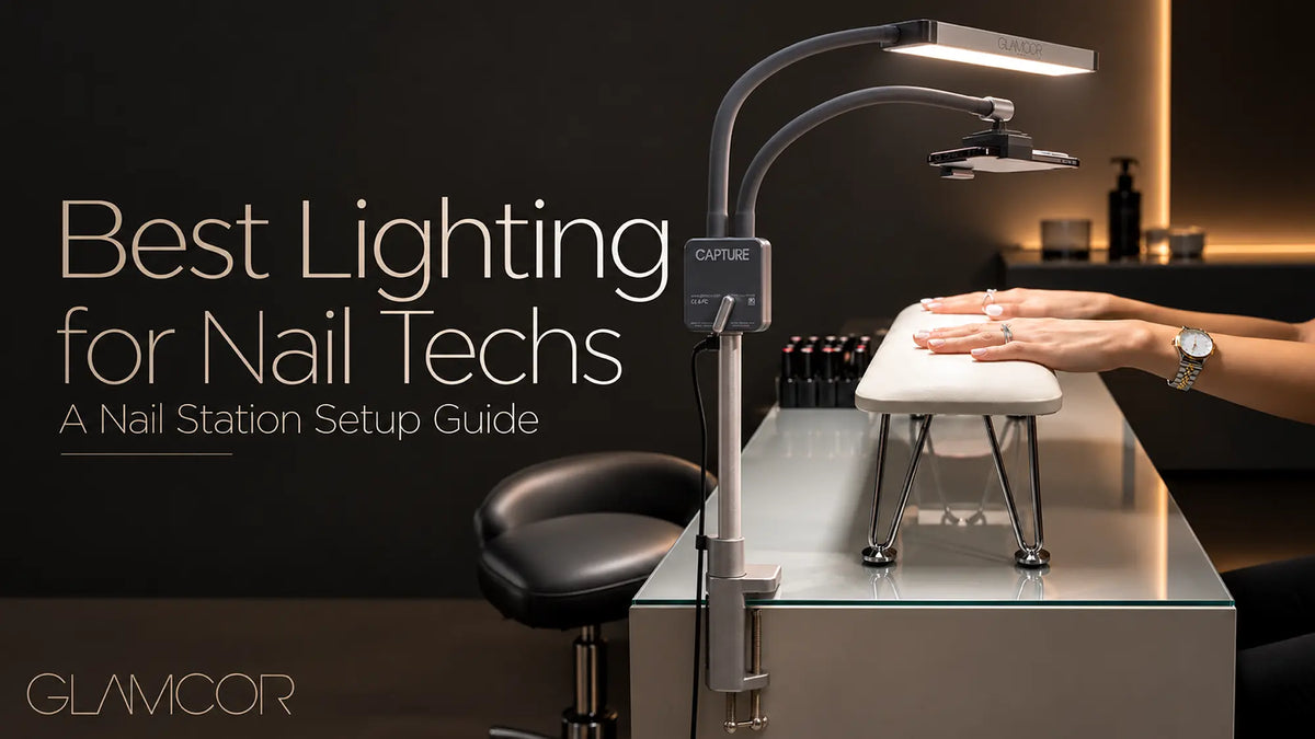 GLAMCOR CAPTURE nail tech light illuminating a professional manicure station