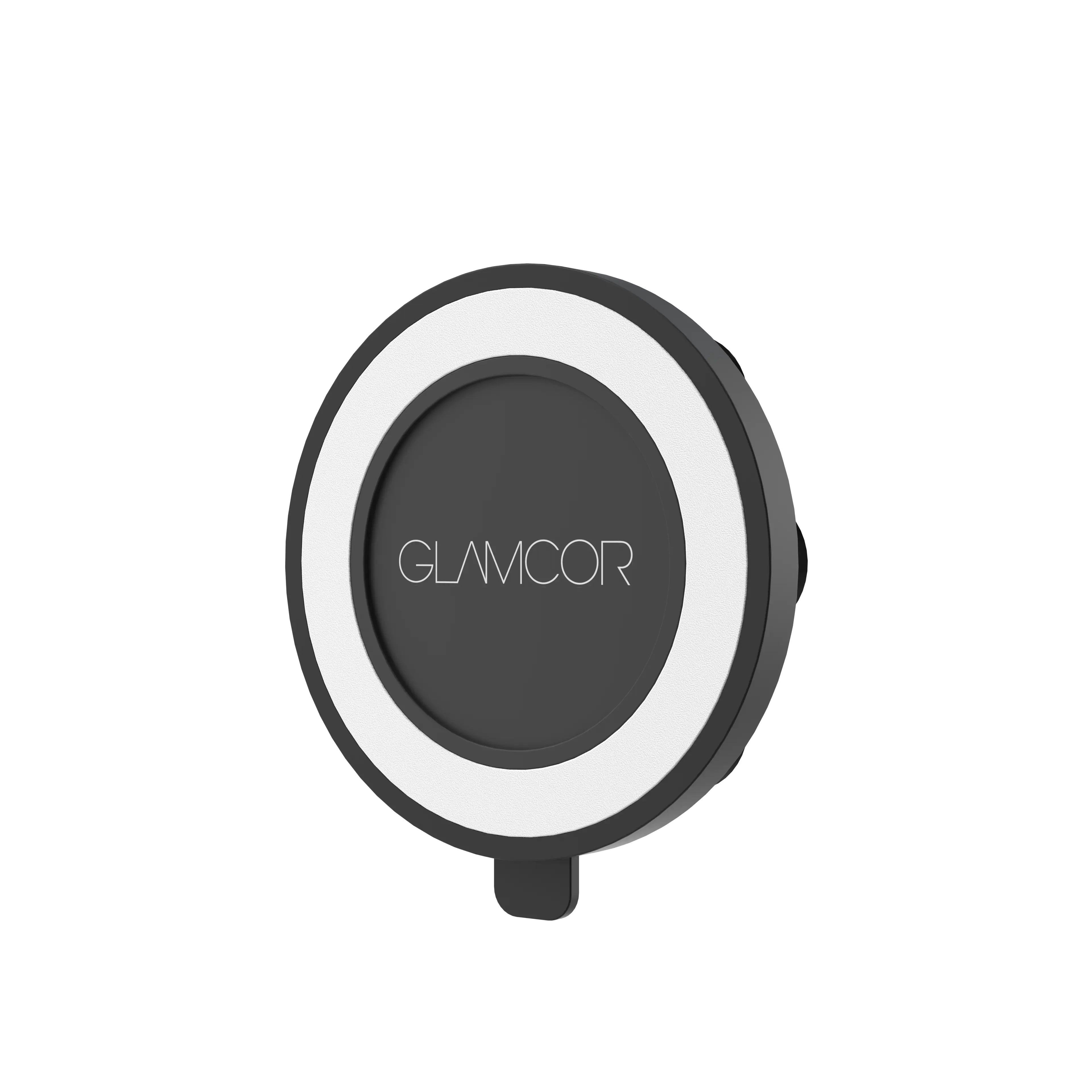 Side angle of the black GLAMCOR Magnetic Suction Phone Mount, highlighting its slim profile and strong magnetic grip.