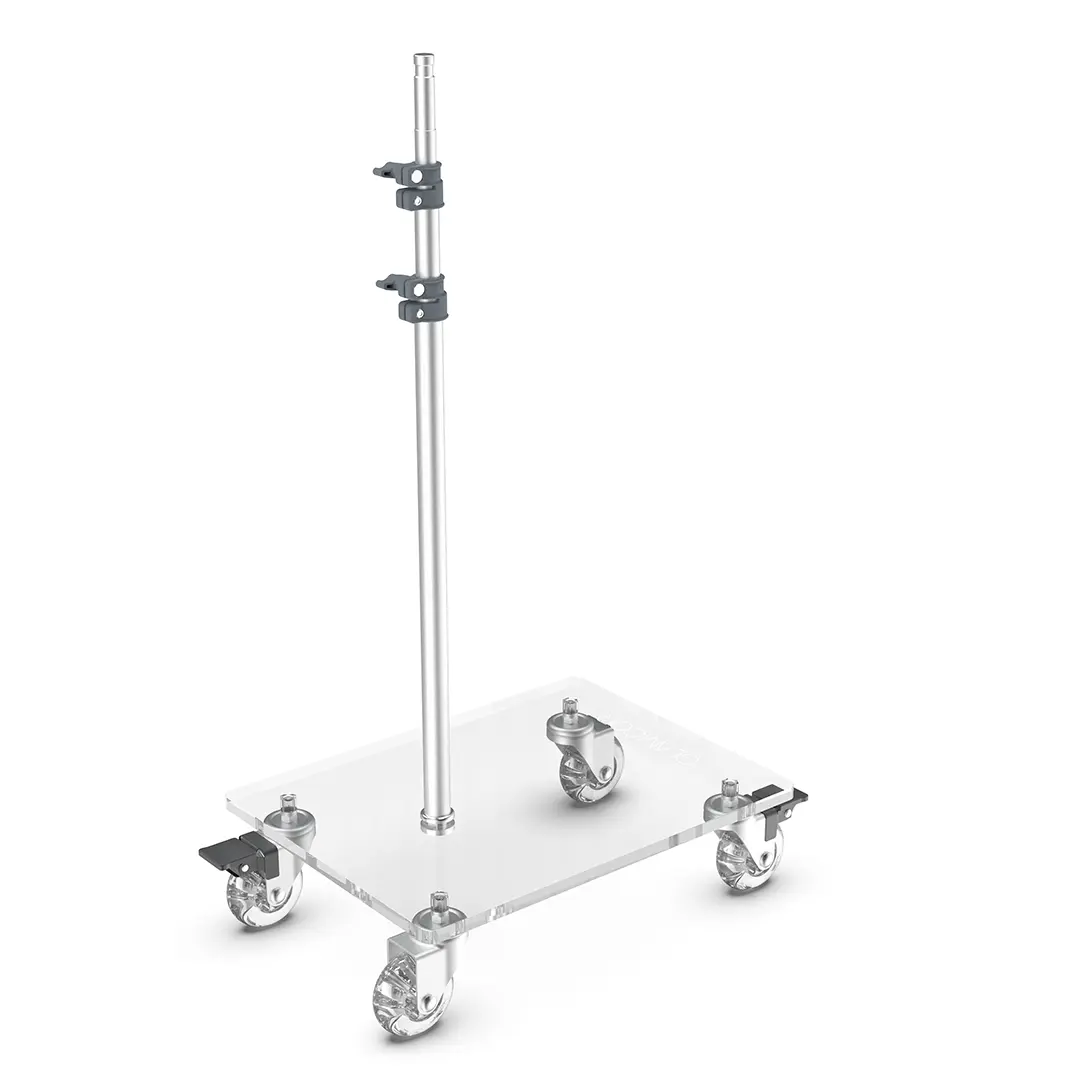 Glamcor Rolling Flat Base Stand for light in grey and silver, ideal for studios and salons requiring mobility, providing excellent foot and leg room