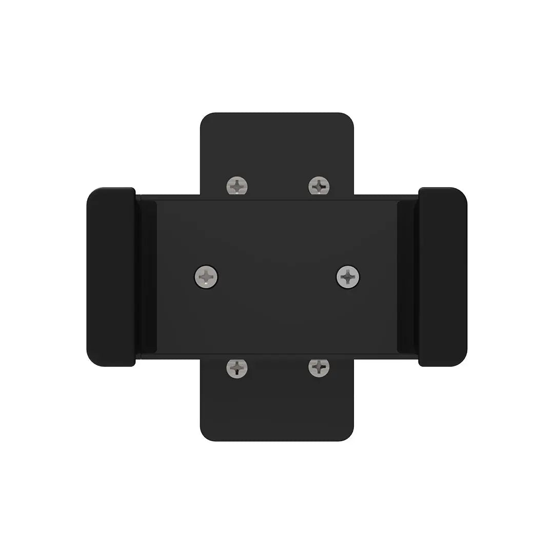 Close-up image of the Glamcor Universal Phone Clip in black. The clip is presented in a way that displays its adjustable nature and mechanism for easy orientation change.