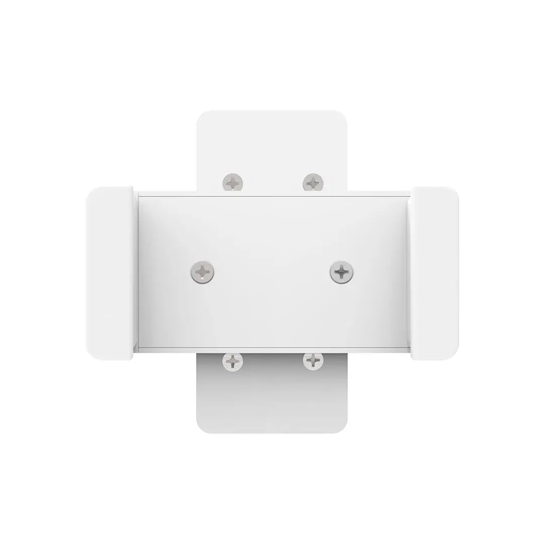Close-up image of the Glamcor Universal Phone Clip in white. The clip's adjustable features are visible, showcasing its capability to hold various phone sizes.