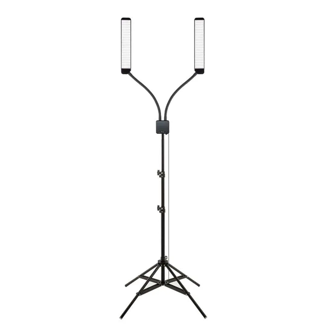 Close-up of ELITE X Pro Kit showing bright LED lights and dimming stages, ideal for makeup artists in need of precise lighting control for flawless results