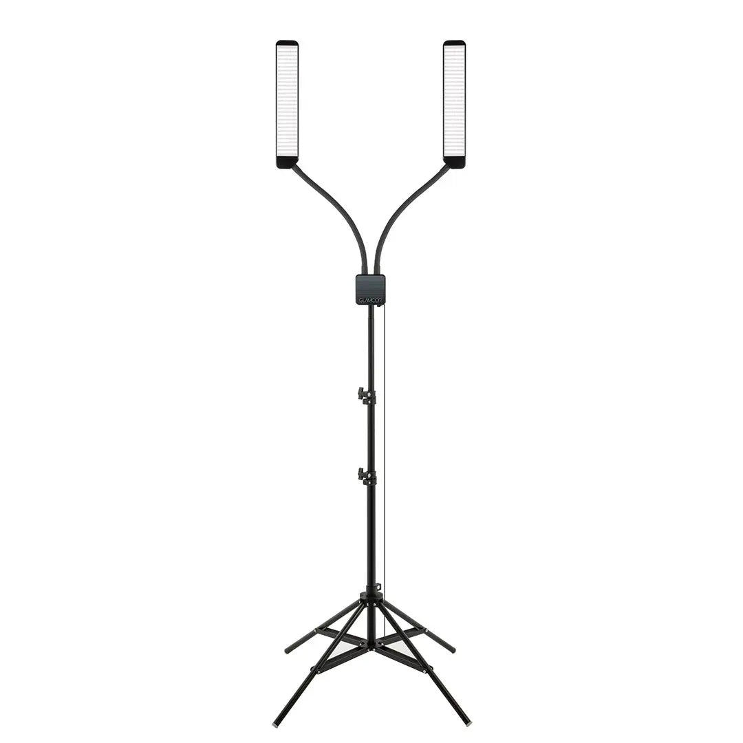 Close-up of ELITE X Pro Kit showing bright LED lights and dimming stages, ideal for makeup artists in need of precise lighting control for flawless results