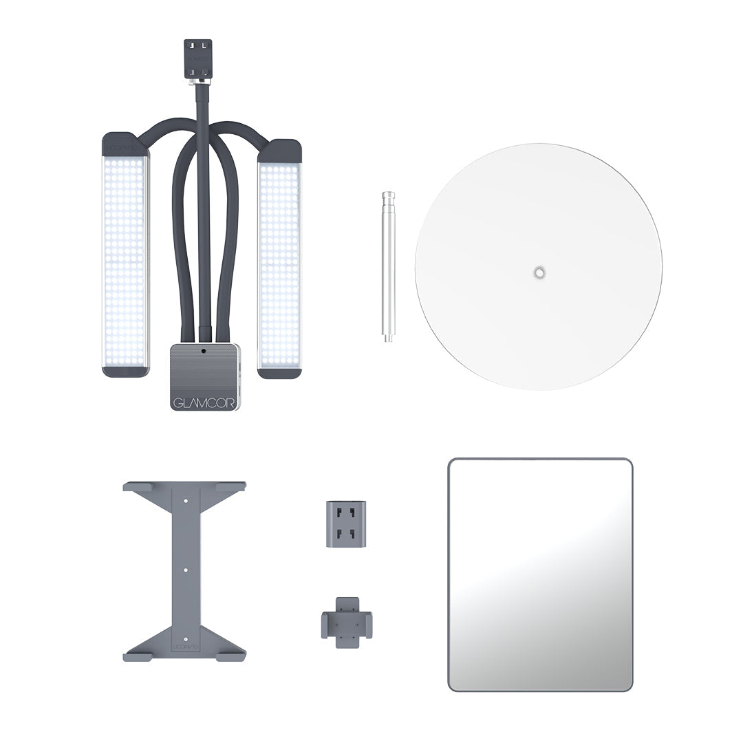 MULTIMEDIA X Table Top Light Kit - GLAMCOR LIGHTS GREY/SILVER / ROUND TABLE BASE / ACCESSORY BUNDLE (PHONE CLIP - TABLET X CLIP - MIRROR ACCESSORY - CAMERA CLIP) GLAMCOR