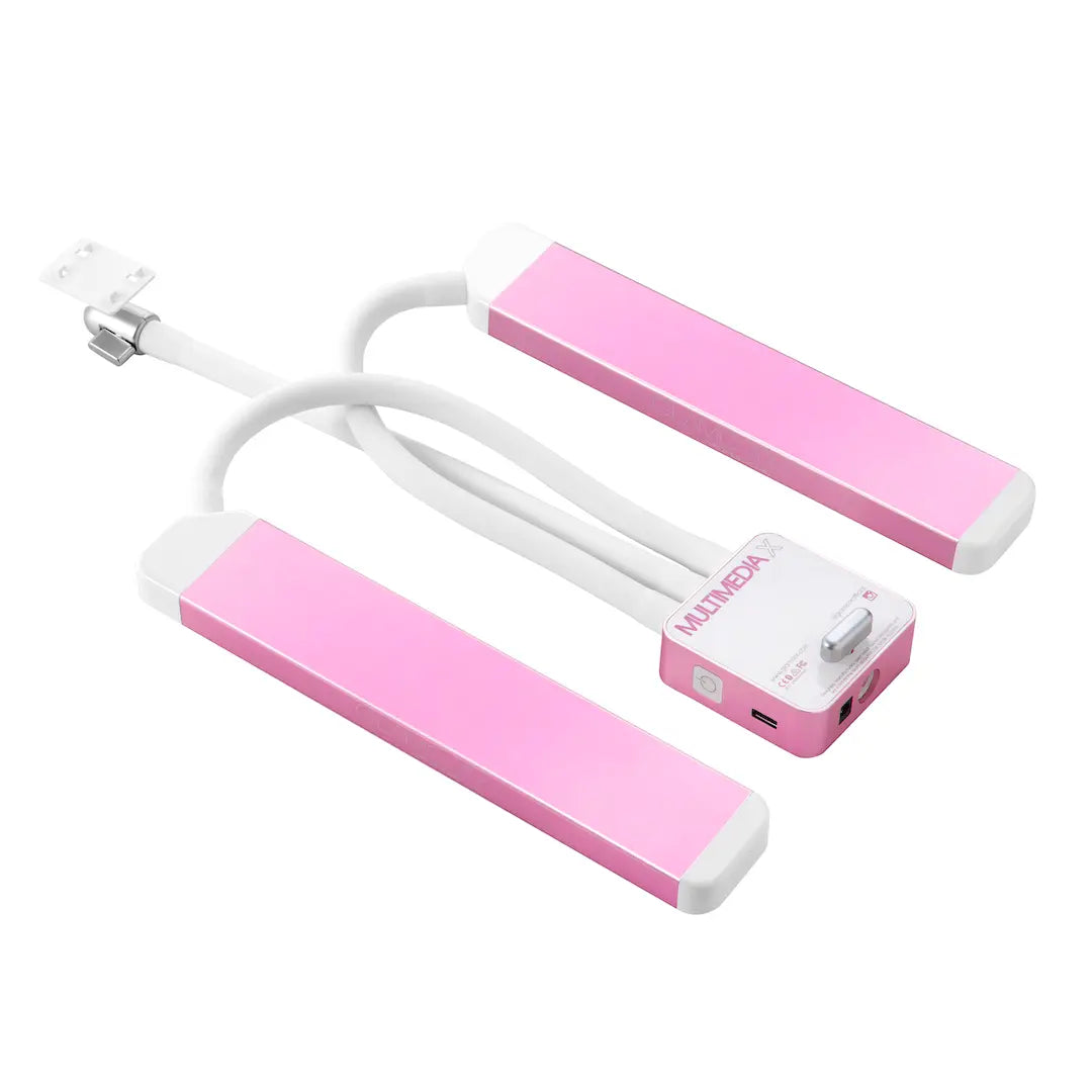 GLAMCOR MULTIMEDIA X Pro Kit in hot pink, showcasing its sleek and compact design with Universal Phone Clip, perfect for estheticians and makeup artists in need of high-quality lighting kits.