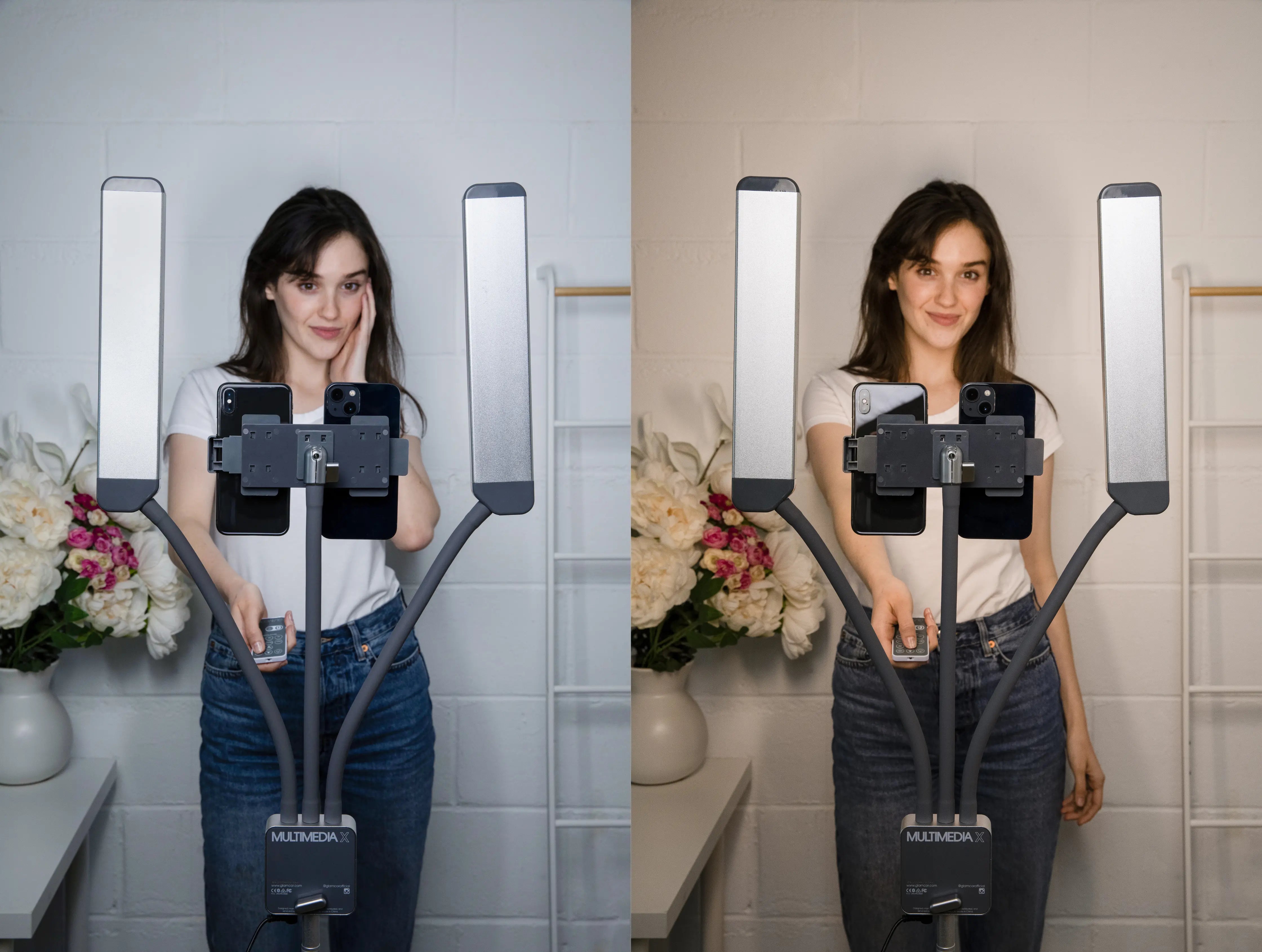 GLAMCOR dual phone clip bar with warm and cool light options: Versatile lighting for any environment.