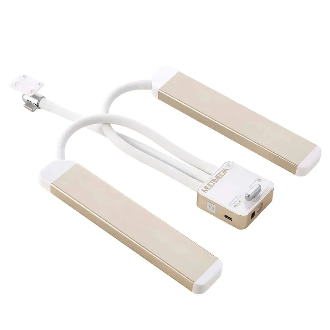 GLAMCOR MULTIMEDIA X Pro Kit in white gold folded, compact and easy to store, ideal for travel and mobile content creation, offering the best professional lighting experience for on-the-go creators