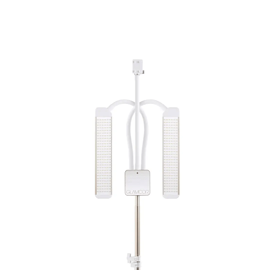 GLAMCOR MULTIMEDIA X Pro Kit in white gold set, designed for content creators with cutting-edge technology, offering the best aesthetician light for impeccable results.