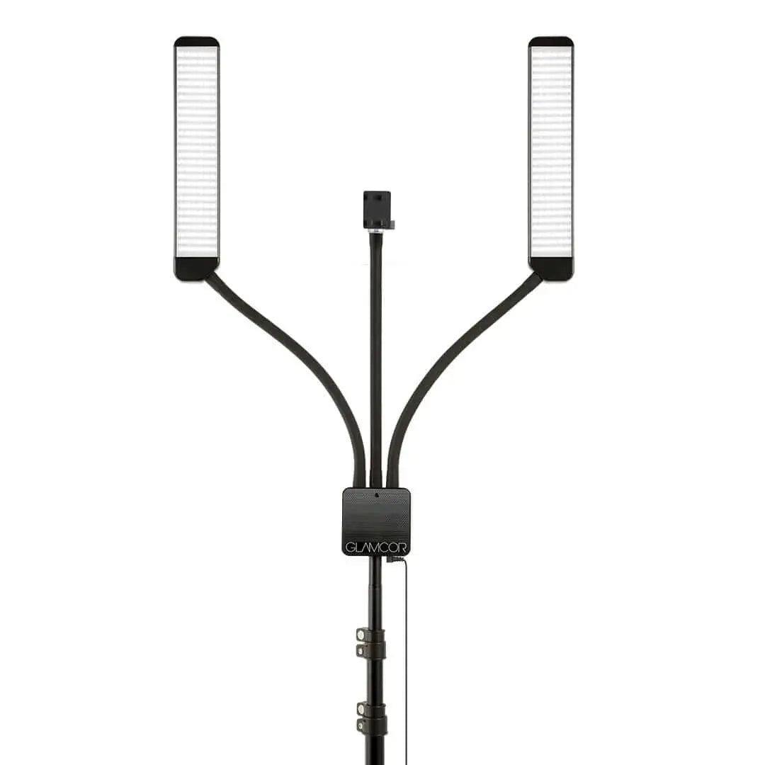 GLAMCOR MULTIMEDIA X Pro Kit highlighting its sleek, compact LED multimedia light kit design, perfect for estheticians and makeup artists requiring high-quality lighting kits for their work.