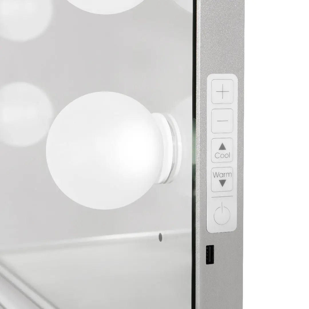 Close-up of the custom lighting on the Riki Hollywood Mirror for even light distribution.