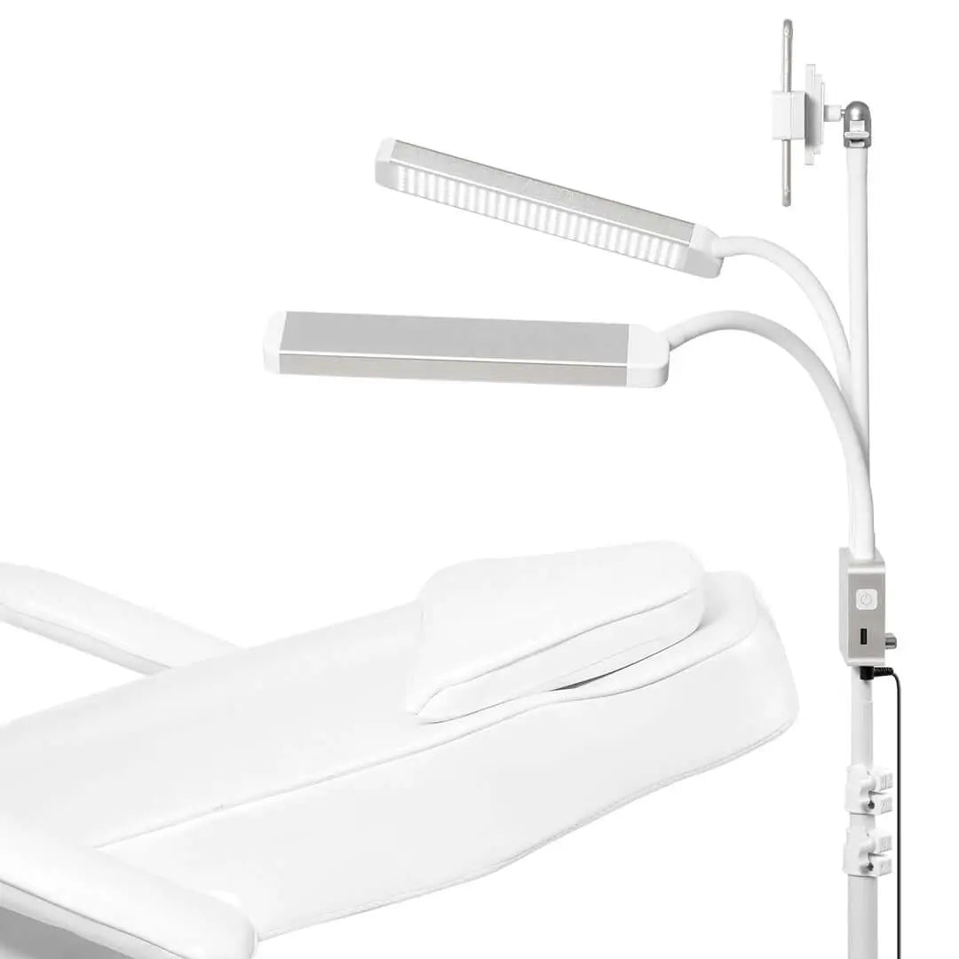 Glamcor Multimedia X (MMX) light in white and silver. The image shows the professional-grade content creation light with its adjustable arms and sleek design, ideal for providing high-quality illumination.