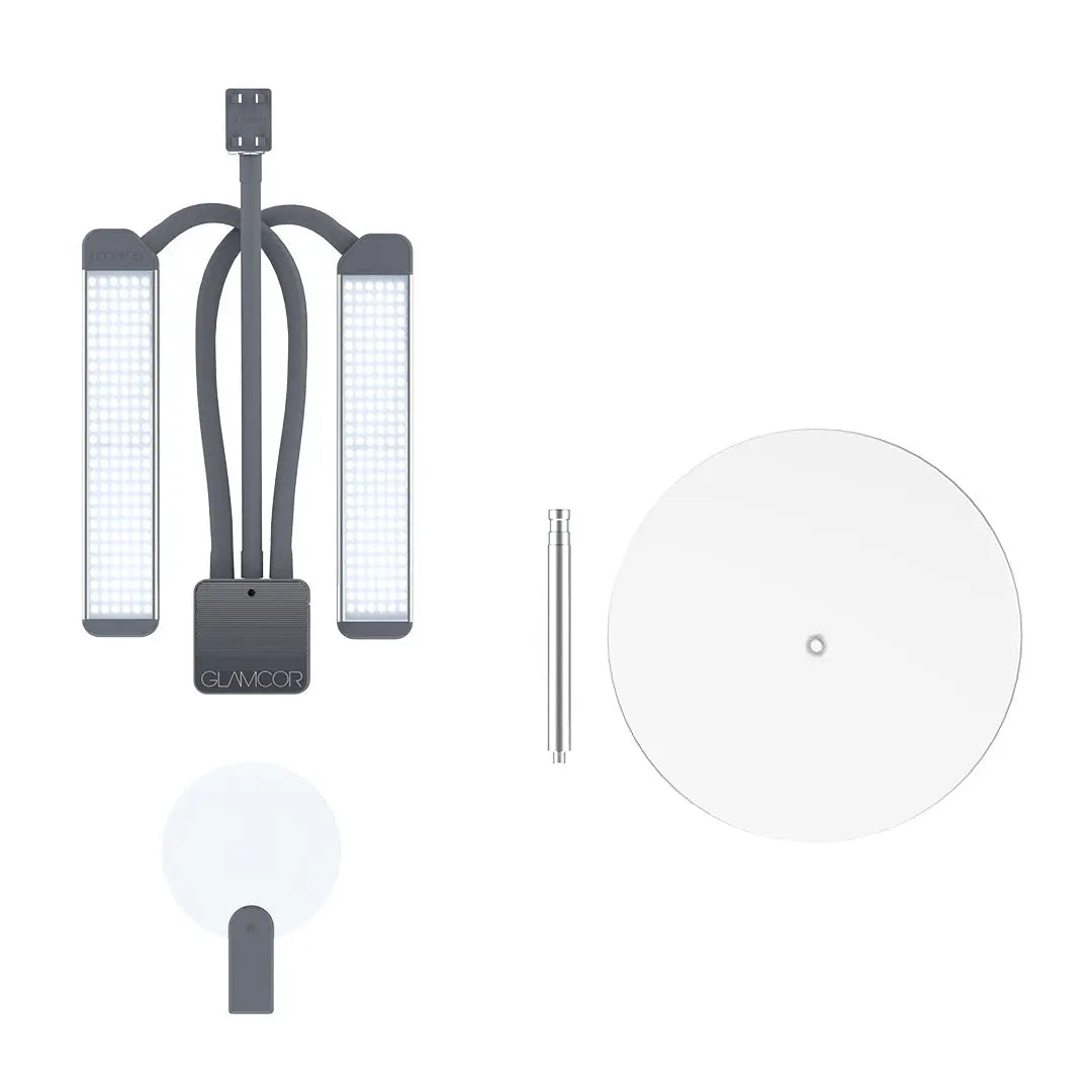 Enhance your setup with the GLAMCOR Create Your Kit featuring the Multimedia X, Round Table Base, and Magnifying Glass for optimal lighting and precision.