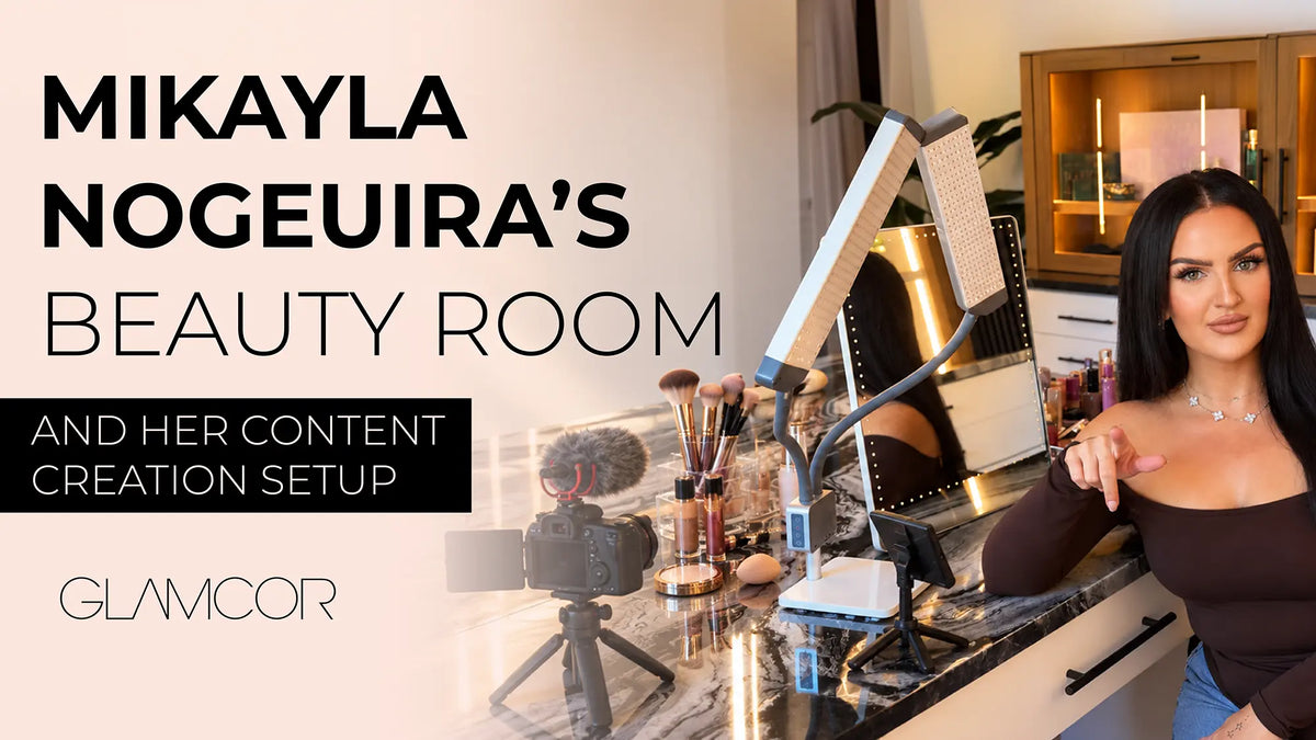 Mikayla Nogueira in her beauty room with GLAMCOR lighting, a camera and content creation equipment