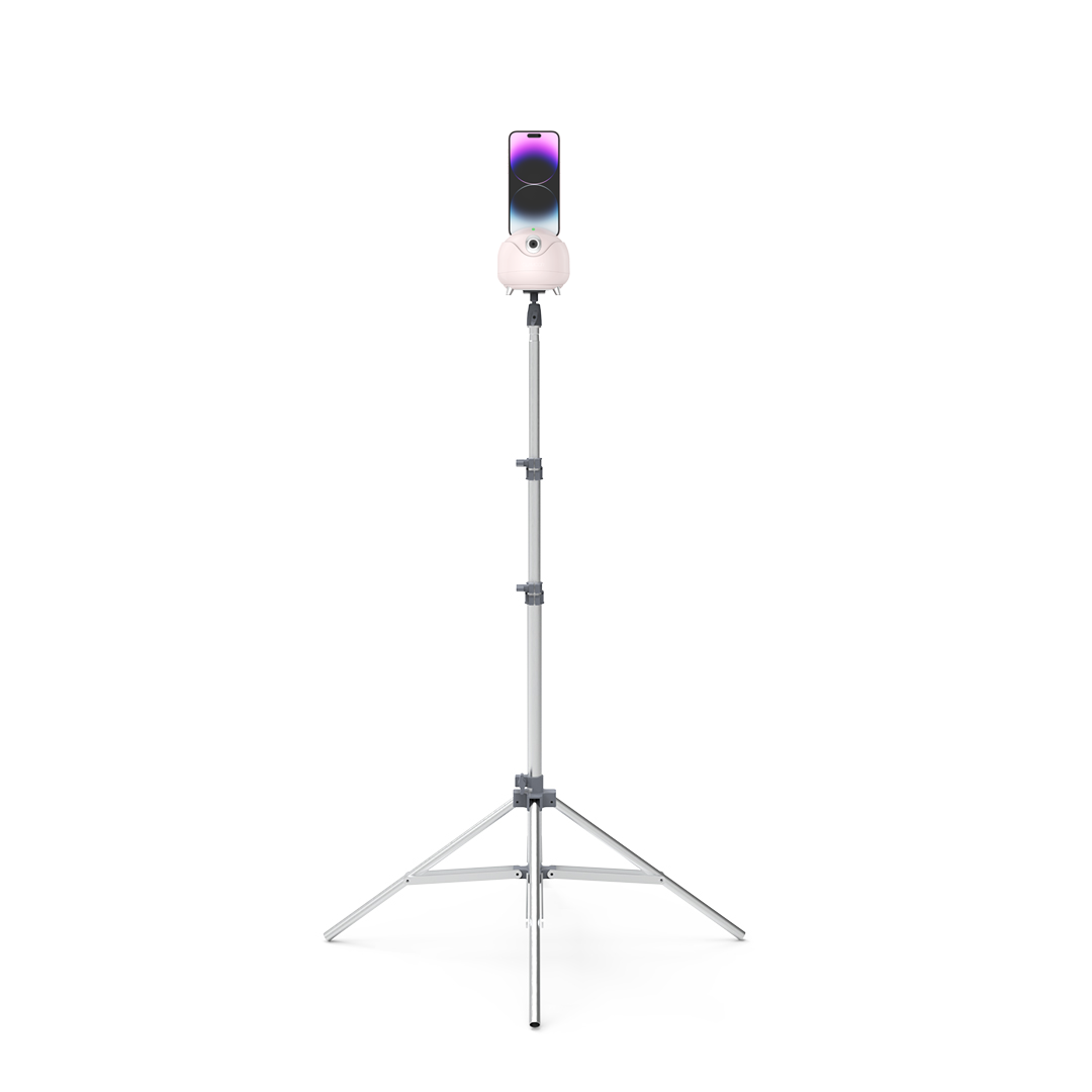 Glamcor Star Tracker: Pink version with sunrise lighting effect, displayed on its stand for a striking presentation, powered by AI face tracking gimbal for seamless operation.