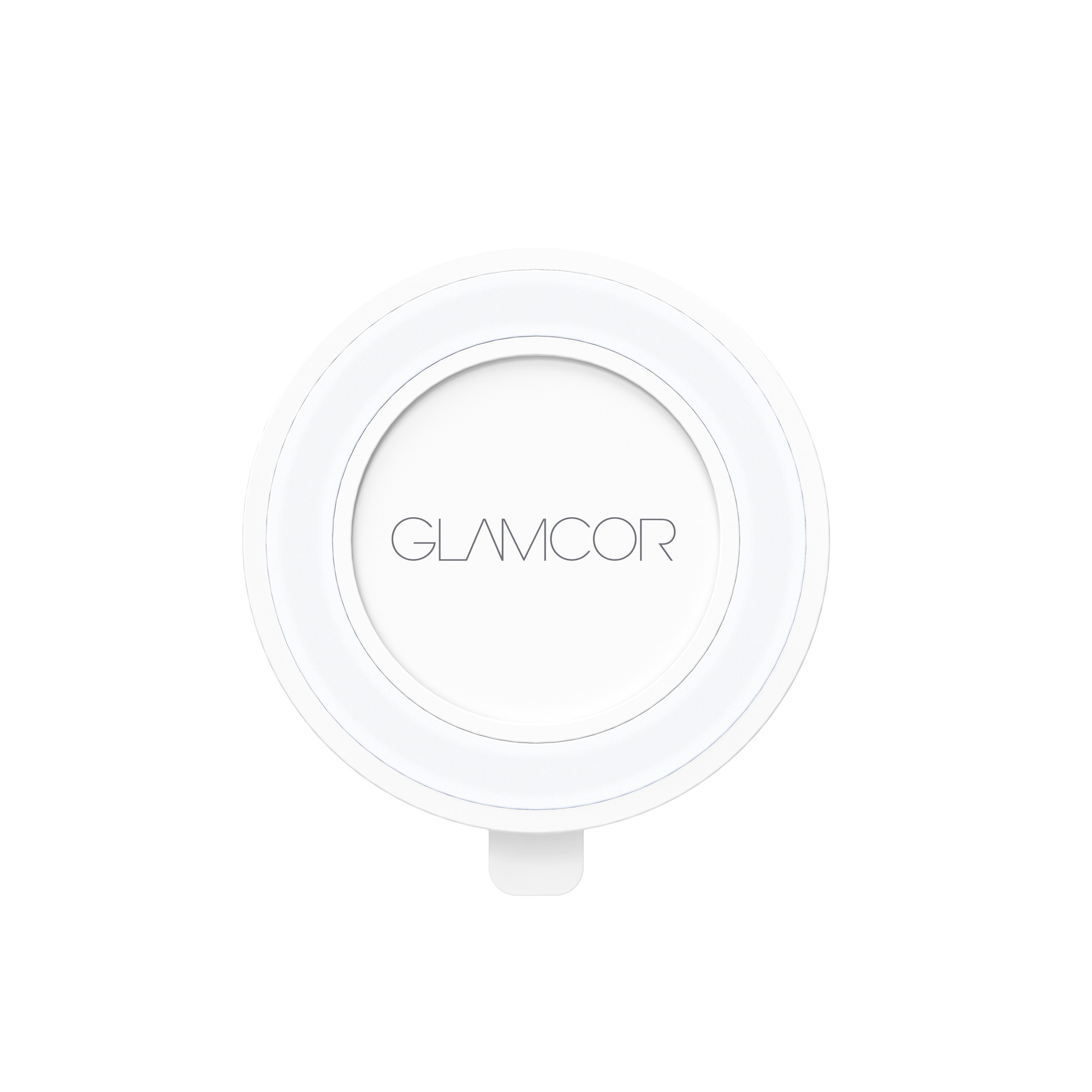 White GLAMCOR Magnetic Suction Phone Mount, offering easy and secure phone attachment for a perfect viewing experience.