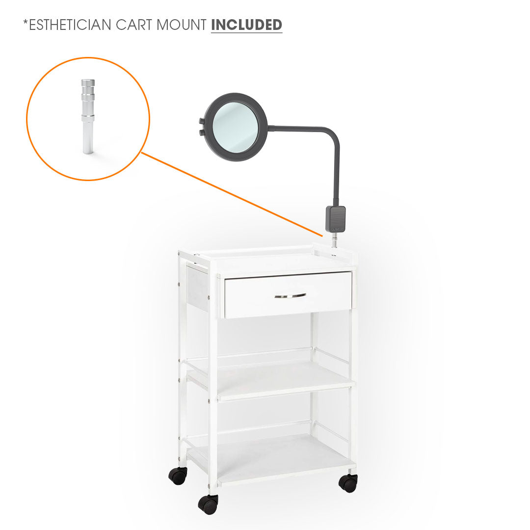 GLAMCOR SATURN magnifying lamp with a cart mount, featuring 3X and 5X magnifiers and a flexible gooseneck arm for precise positioning