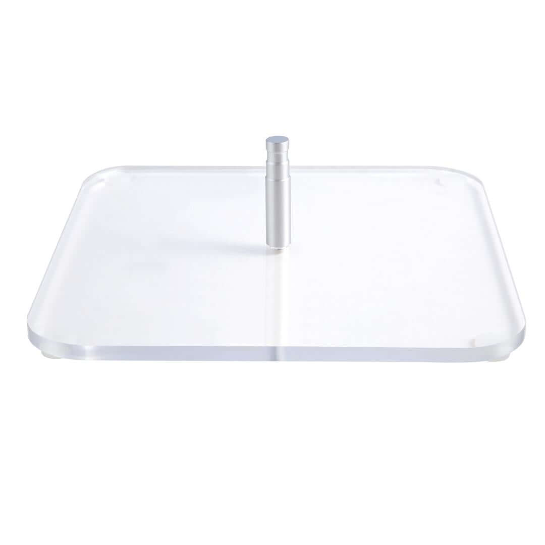 GLAMCOR Square Acrylic Table Base - Large on a countertop, showcasing its space-saving design.