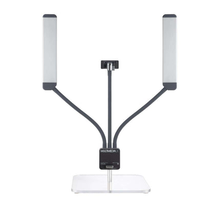 Stylish setup with the GLAMCOR Square Acrylic Table Base - Large, enhancing lighting for  any beauty or content creation project
