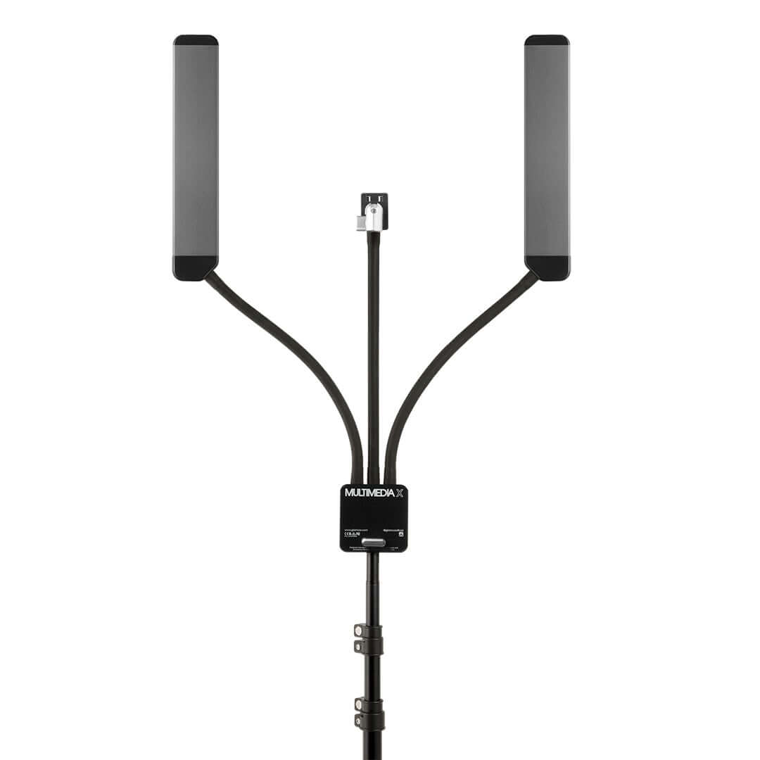 GLAMCOR MULTIMEDIA X Pro Kit  highlighting its sleek, compact LED multimedia light kit design, perfect for estheticians and makeup artists requiring high-quality lighting kits for their work.