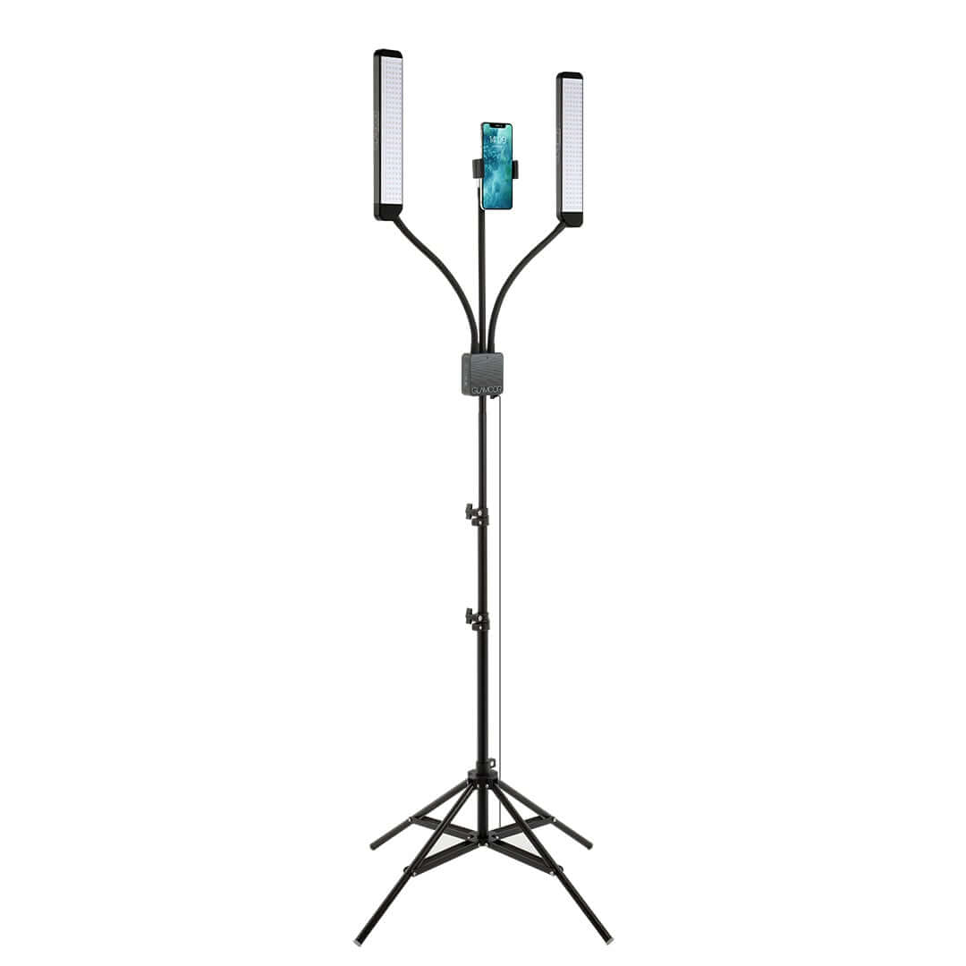 Complete GLAMCOR MULTIMEDIA X Pro Kit in black gold, sleek and modern design with flexible and height-adjustable LED lights, the ultimate professional lighting kit for photographers and videographers.