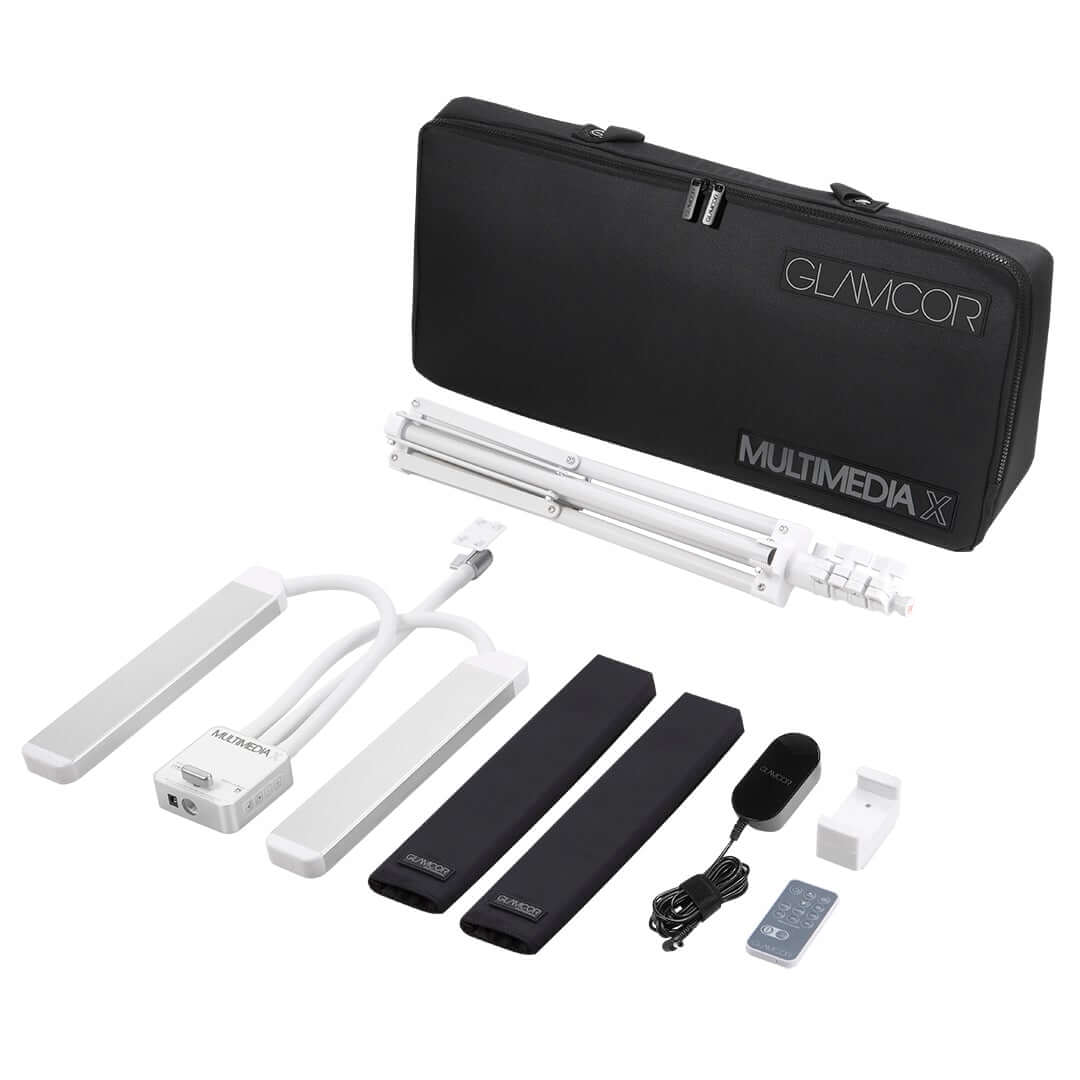 GLAMCOR MULTIMEDIA X Pro Kit in white silver set, designed for content creators with cutting-edge technology, offering the best aesthetician light for impeccable results.