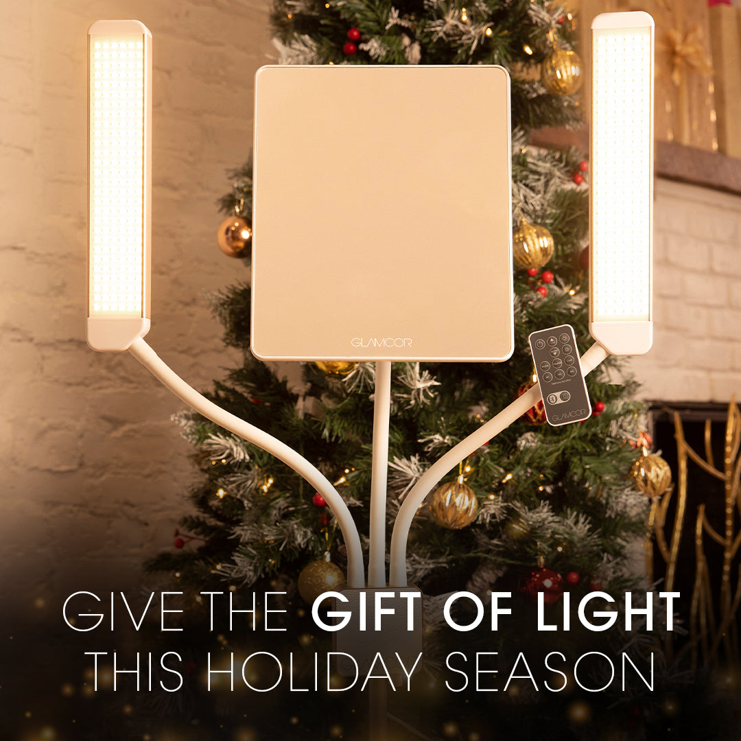 Glamcor Multimedia X Content Creation light packaged as a holiday gift. The light makes it an ideal present for content creators, with adjustable arms and high-quality illumination