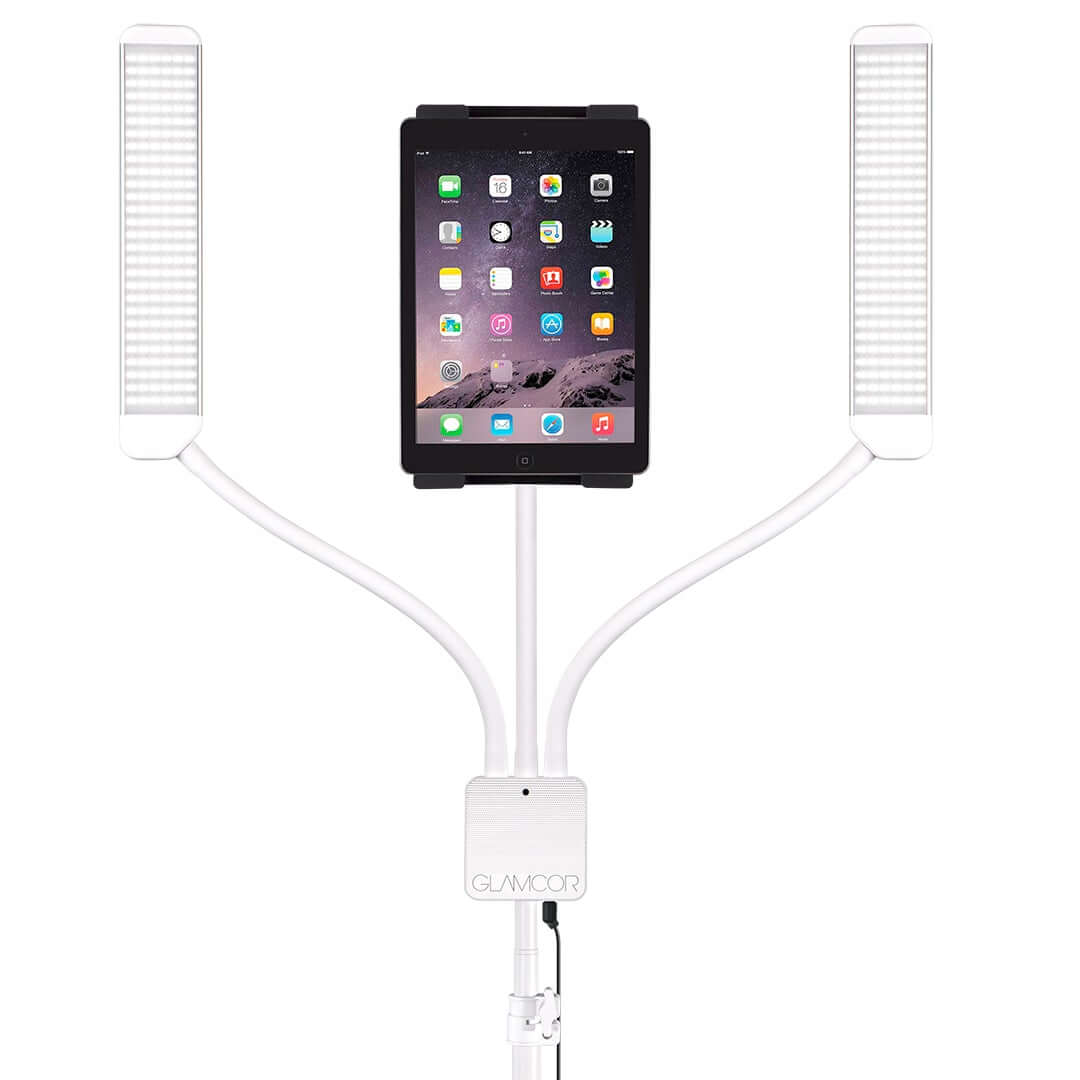 Glamcor Multimedia X Content Creation Kit White with iPad: Sophisticated white-themed content creation setup with iPad compatibility.