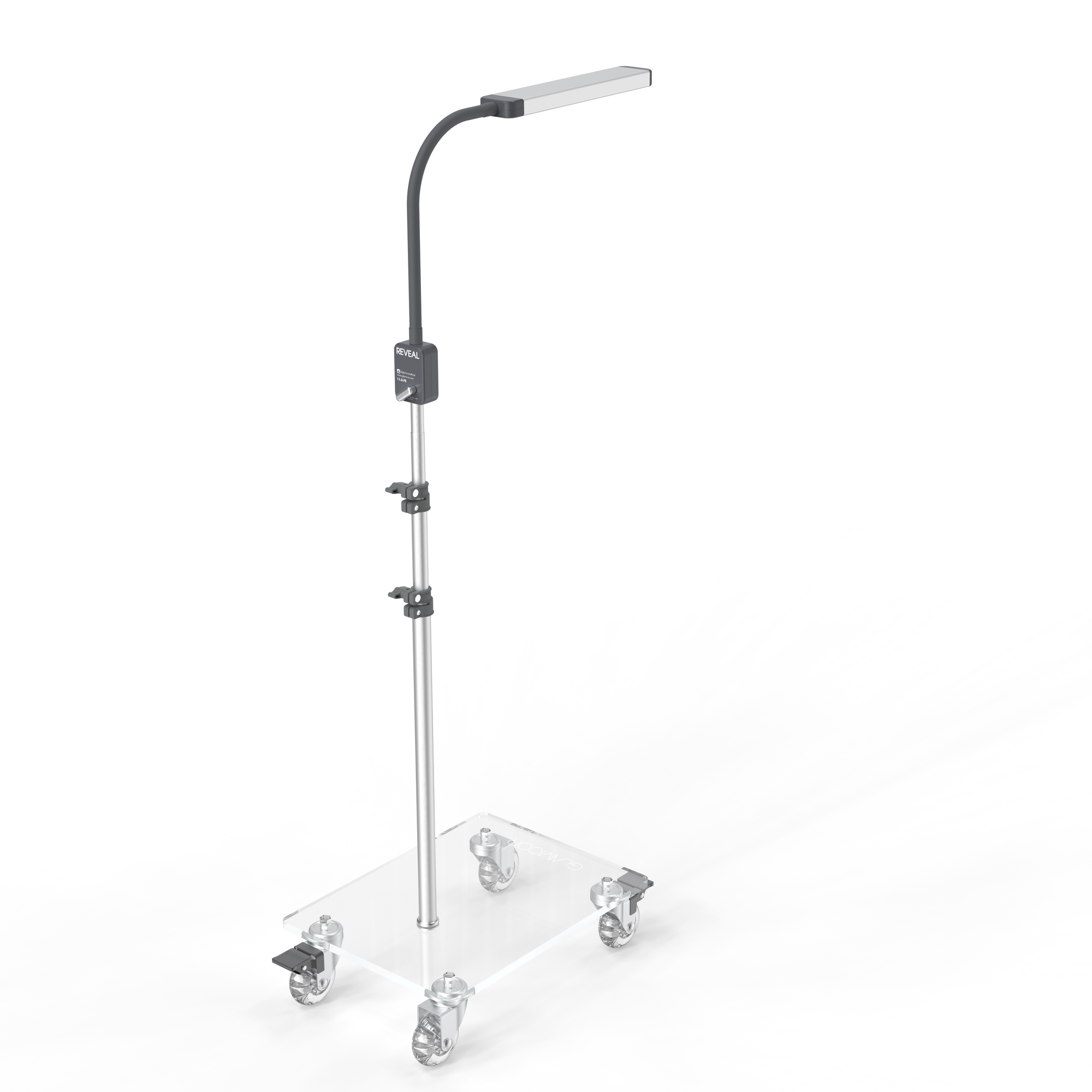 Glamcor REVEAL Floor Light Kit featuring a rolling base, perfect for easy maneuverability in any workspace