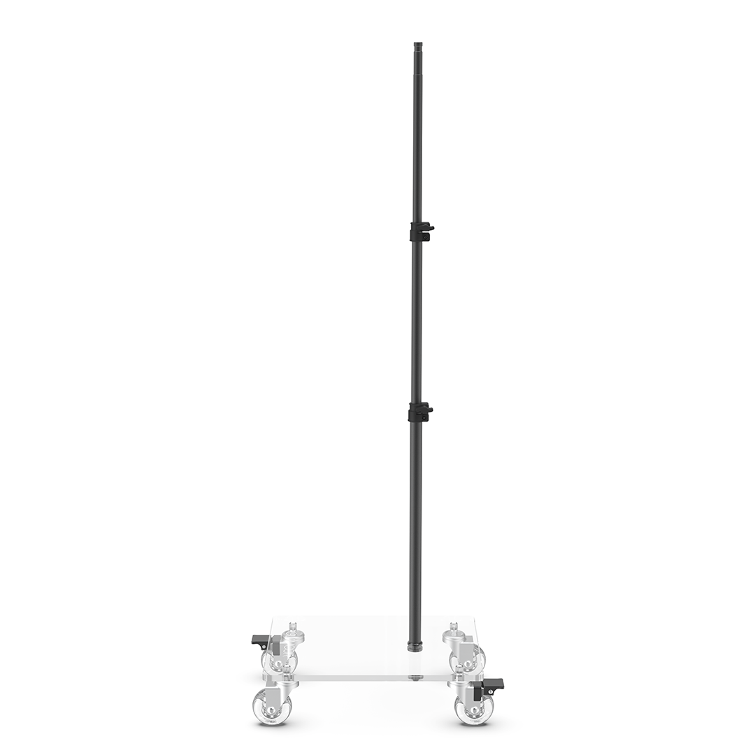 Glamcor Rolling Flat Base Stand in black, designed for mobility in studios and salons, providing more foot and leg room for professional work.