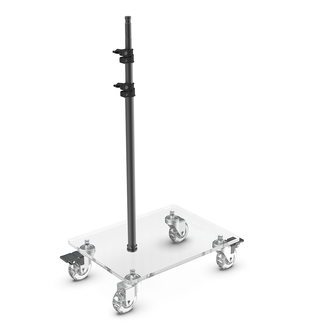 Glamcor Rolling Flat Base Stand for esthetician light in black, providing mobility and space efficiency for work on esthetician beds