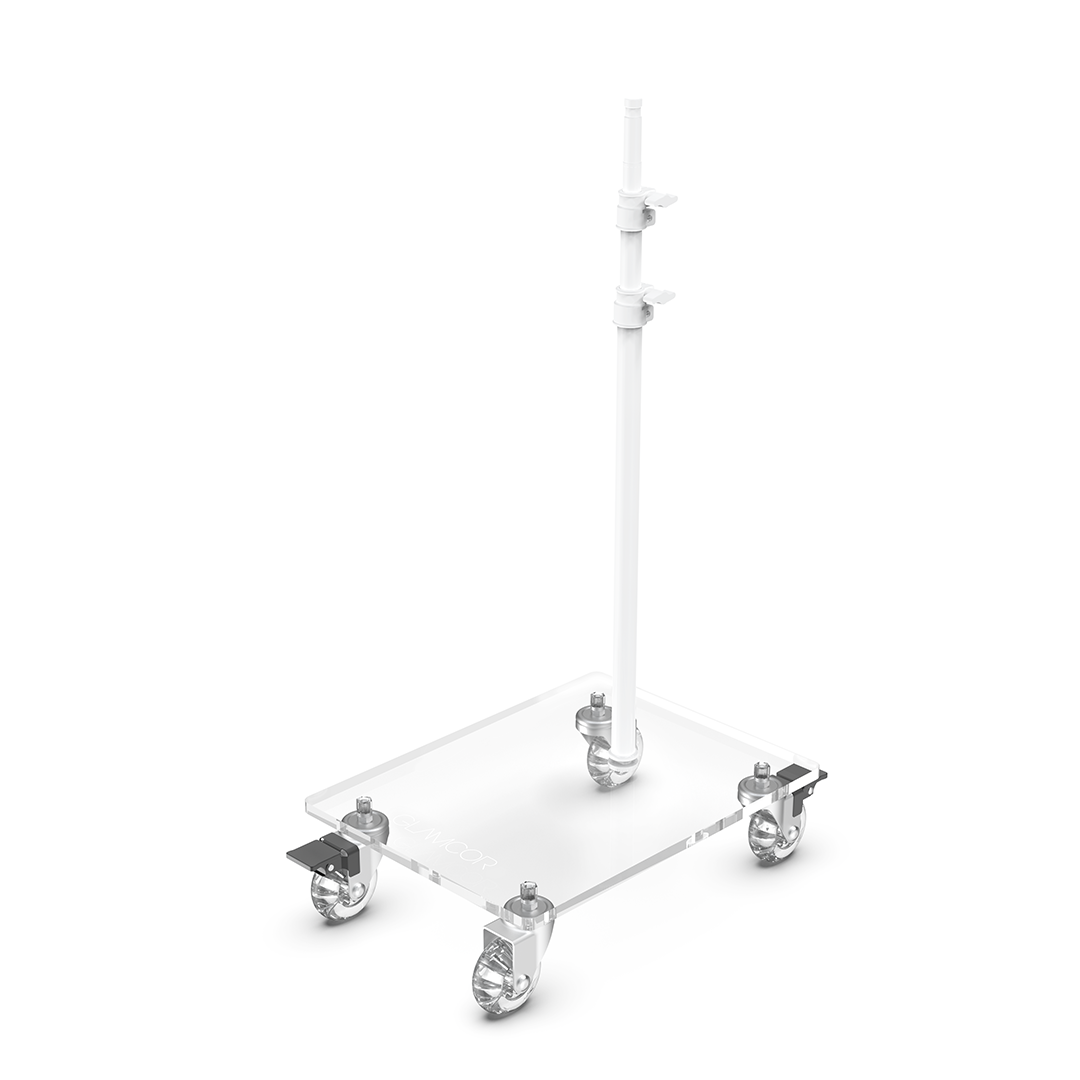 Glamcor Rolling Flat Base Stand for esthetician lamp in white, providing mobility and low-profile design for work on client beds in studios and salons.