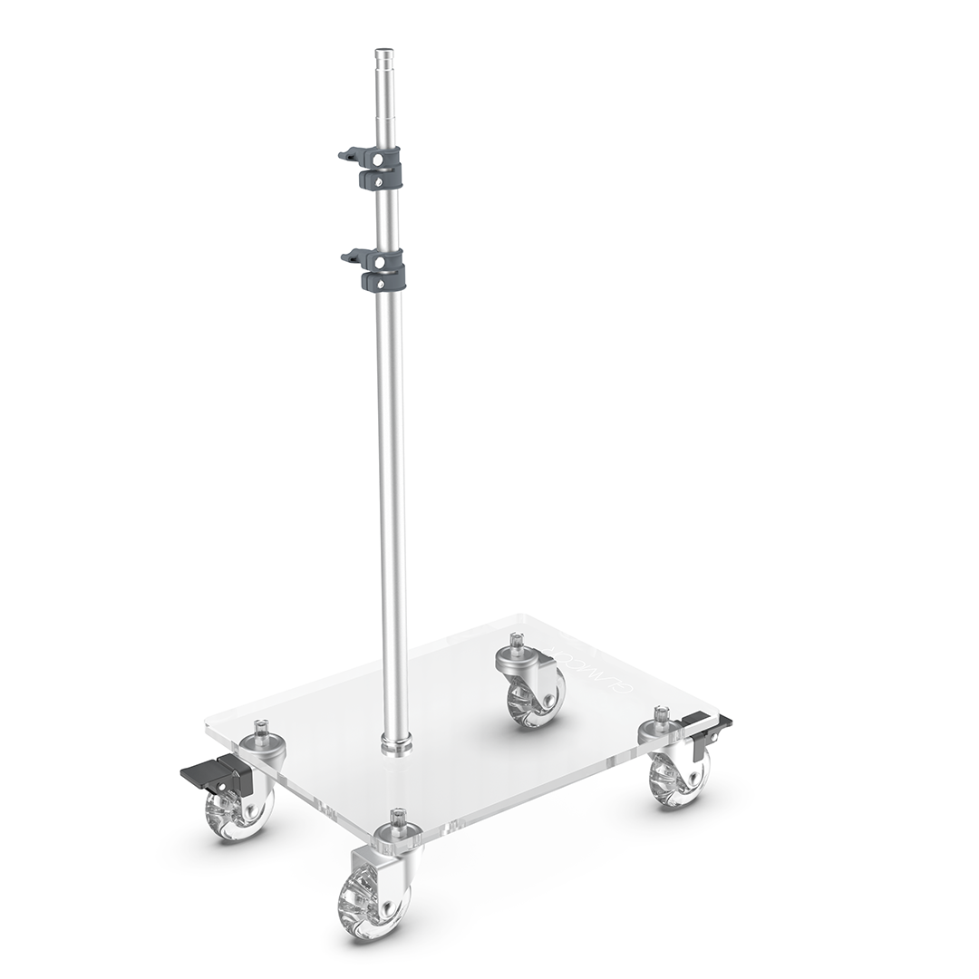 Glamcor Rolling Flat Base Stand for light in grey and silver, ideal for studios and salons requiring mobility, providing excellent foot and leg room