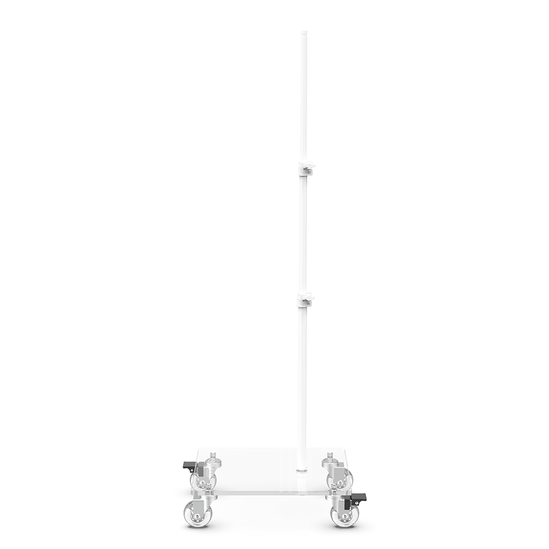 Glamcor Rolling Flat Base Stand for skincare artists in white, designed for mobile work in esthetician beds and tattoo chairs with space efficiency