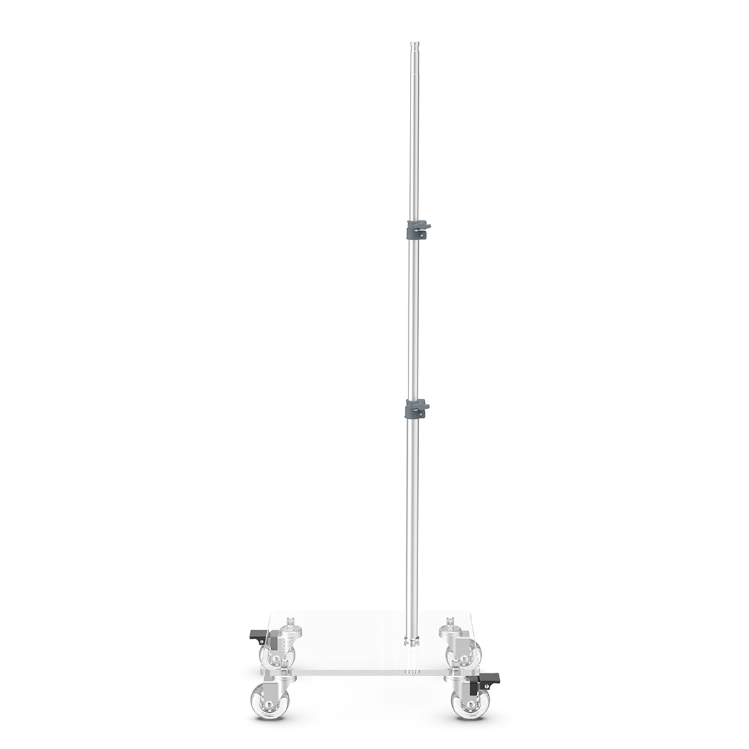 Glamcor Rolling Flat Base Stand for skincare artists in grey, designed for mobile use in studios and salons with less floor space usage.