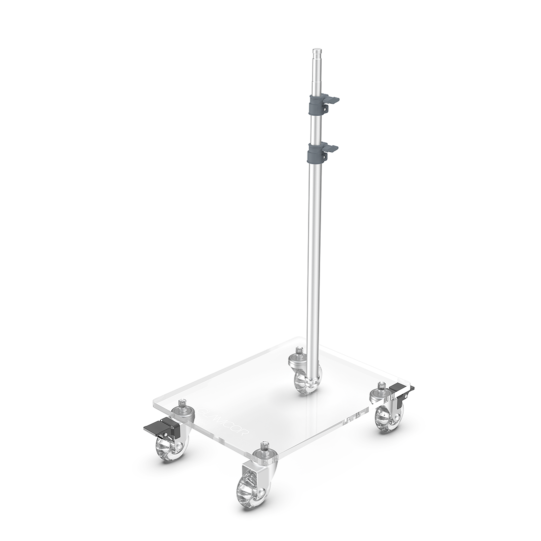 Glamcor Rolling Flat Base Stand for light in grey and silver, ideal for studios and salons requiring mobility, providing excellent foot and leg room