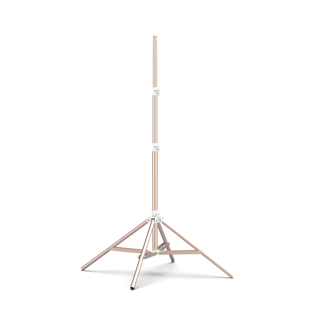 Glamcor Telescopic Aluminum Stand in gold, perfect for beauty studios and content creation, compatible with a range of GLAMCOR products including REVEAL and ELITE X.