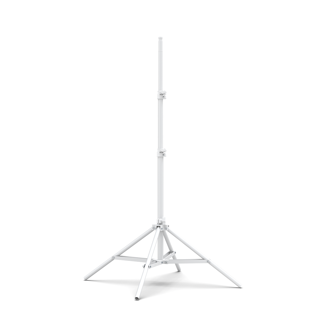 Glamcor Telescopic Aluminum Stand in white, ideal for floor lights and work spaces, compatible with GLAMCOR products such as REVEAL, REVOLUTION X, and ULTRA X