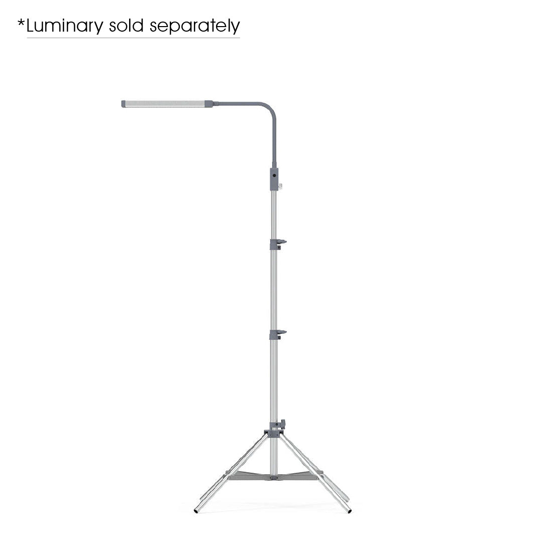 Glamcor Telescopic Aluminum Stand in grey with REVEAL, an essential tool for precise lighting in beauty studios and content creation.