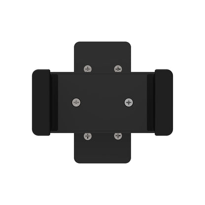 Close-up image of the Glamcor Universal Phone Clip in black. The clip is presented in a way that displays its adjustable nature and mechanism for easy orientation change.