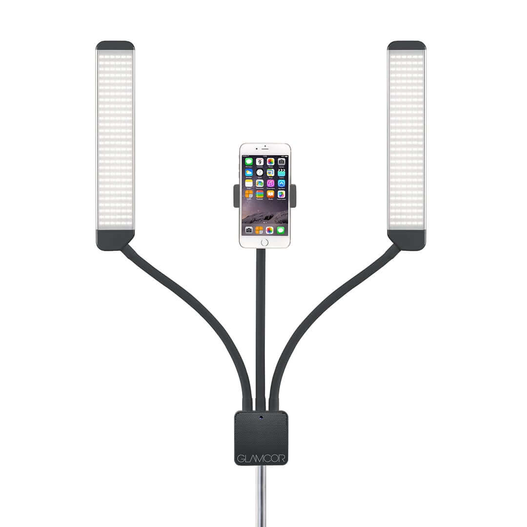 The Glamcor Universal Phone Clip in black mounted on the Multimedia X light kit with a phone securely held in place. The phone is displayed in landscape orientation, highlighting the clip's ability to  adjust and fit different phone sizes.