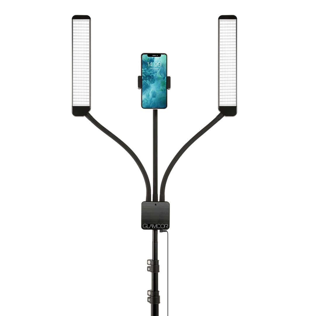 The Glamcor Universal Phone Clip in black mounted on the Multimedia X light kit. The setup illustrates how the clip securely holds a phone and demonstrates its compatibility with the Multimedia X, allowing for convenient adjustment and rotation.