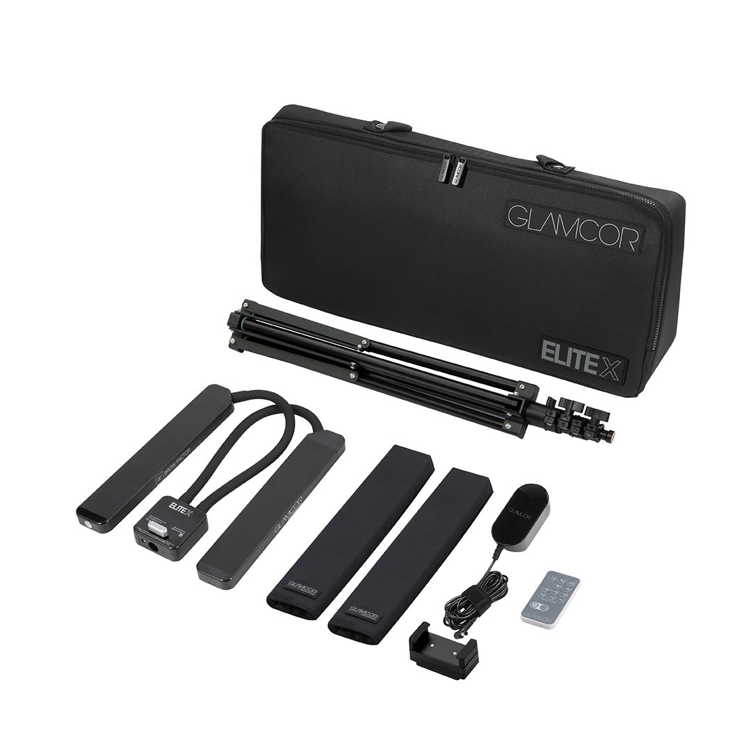 GLAMCOR Elite X Pro Kit in Black, Flat Lay for perfect lighting, ensuring optimal lighting conditions for makeup artists during photo shoots and applications.