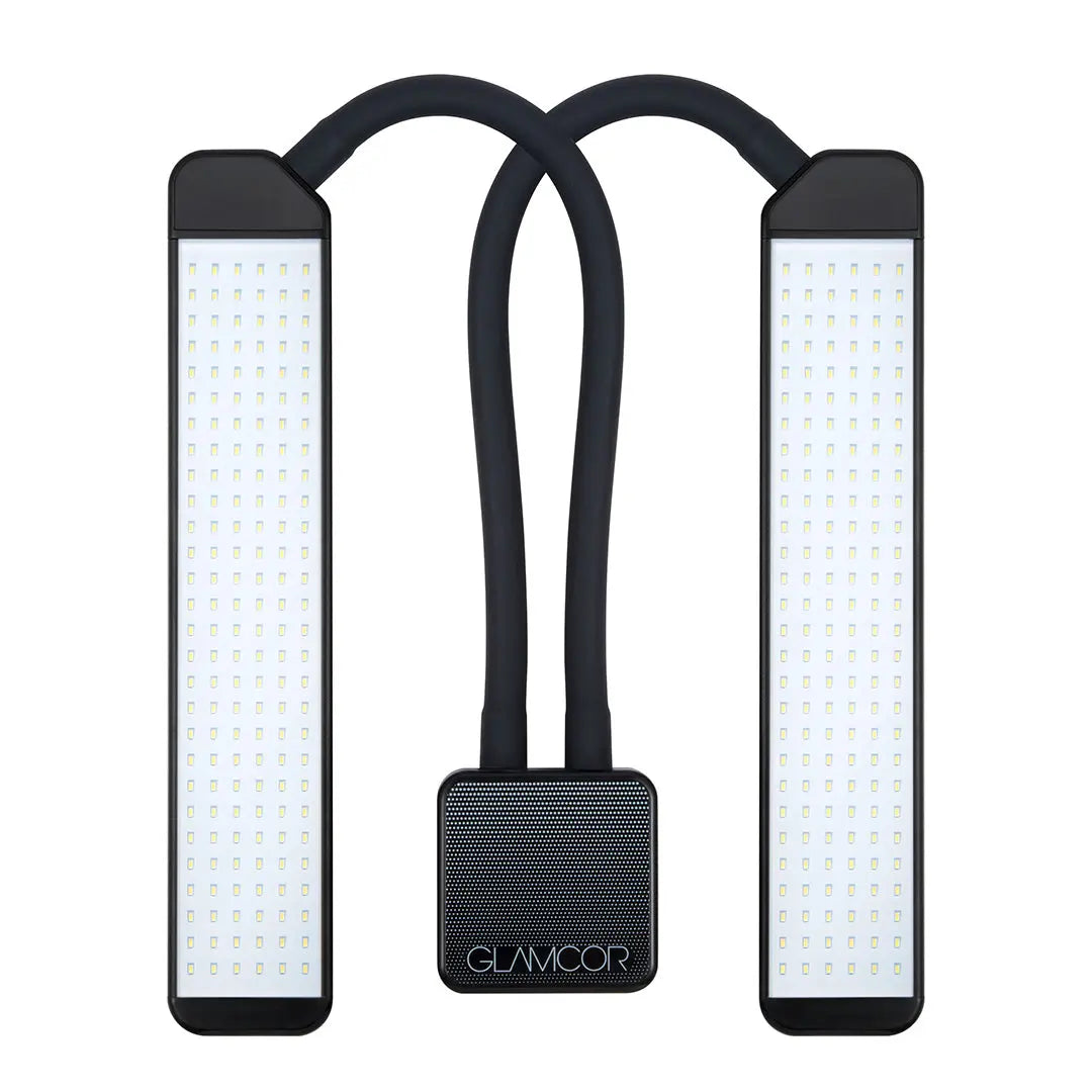 Black ELITE X LED beauty light with flexible arms in Black & Silver showcasing its lighting perks, the choice fo