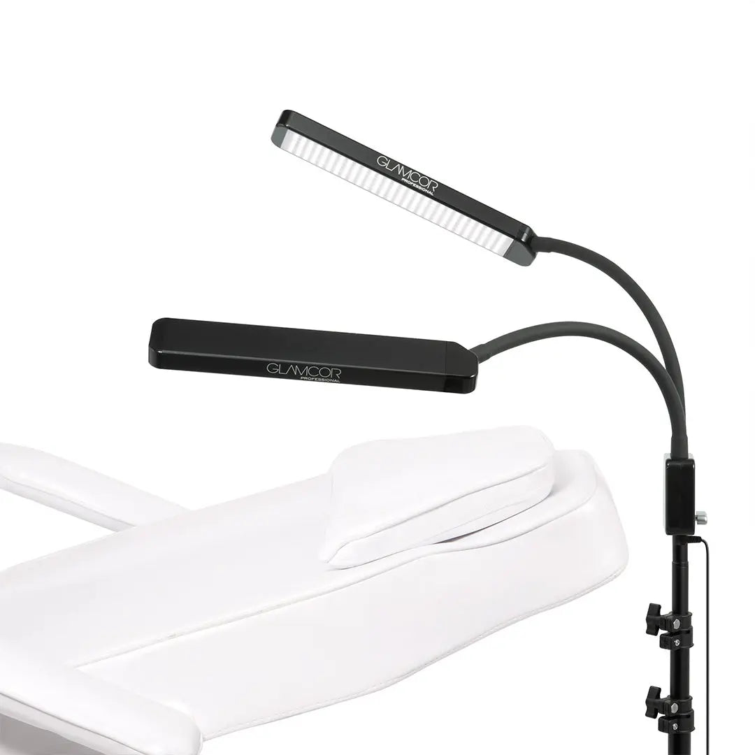 Black ELITE X LED beauty light with flexible arms, black finish, lamp head, folded setup