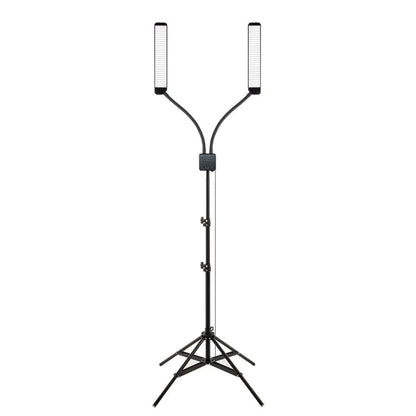 Close-up of ELITE X Pro Kit showing bright LED lights and dimming stages, ideal for makeup artists in need of precise lighting control for flawless results