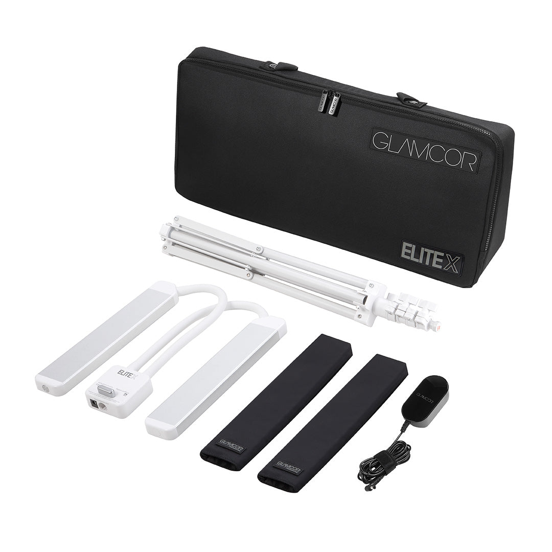 GLAMCOR Elite X Pro Kit in white, Flat Lay for perfect lighting, ensuring optimal lighting conditions for makeup artists during photo shoots and applications.