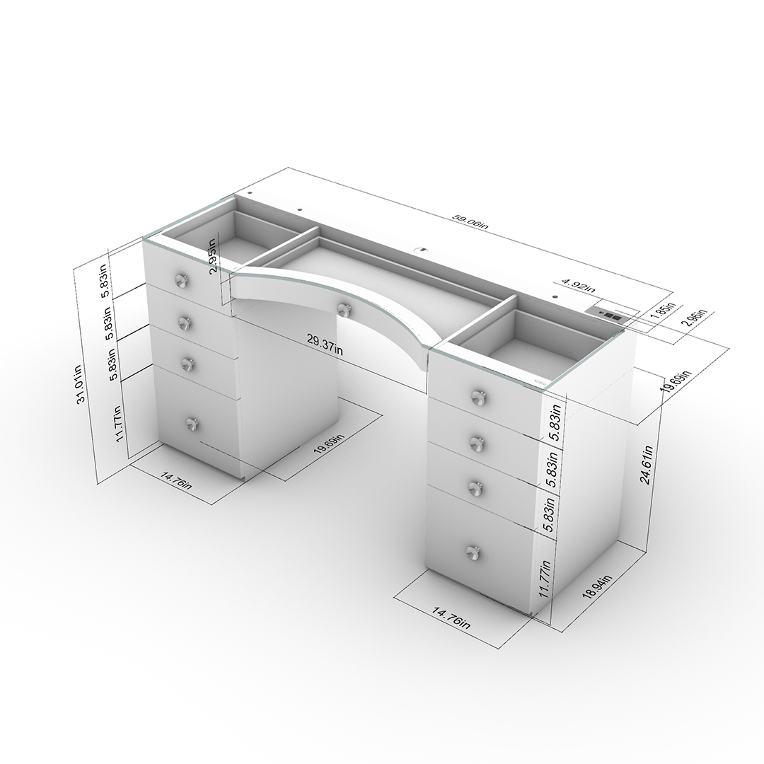 Dimensions of the GLAMCOR NYC MIRROR white showcasing its height and width for optimal placement in beauty spaces.