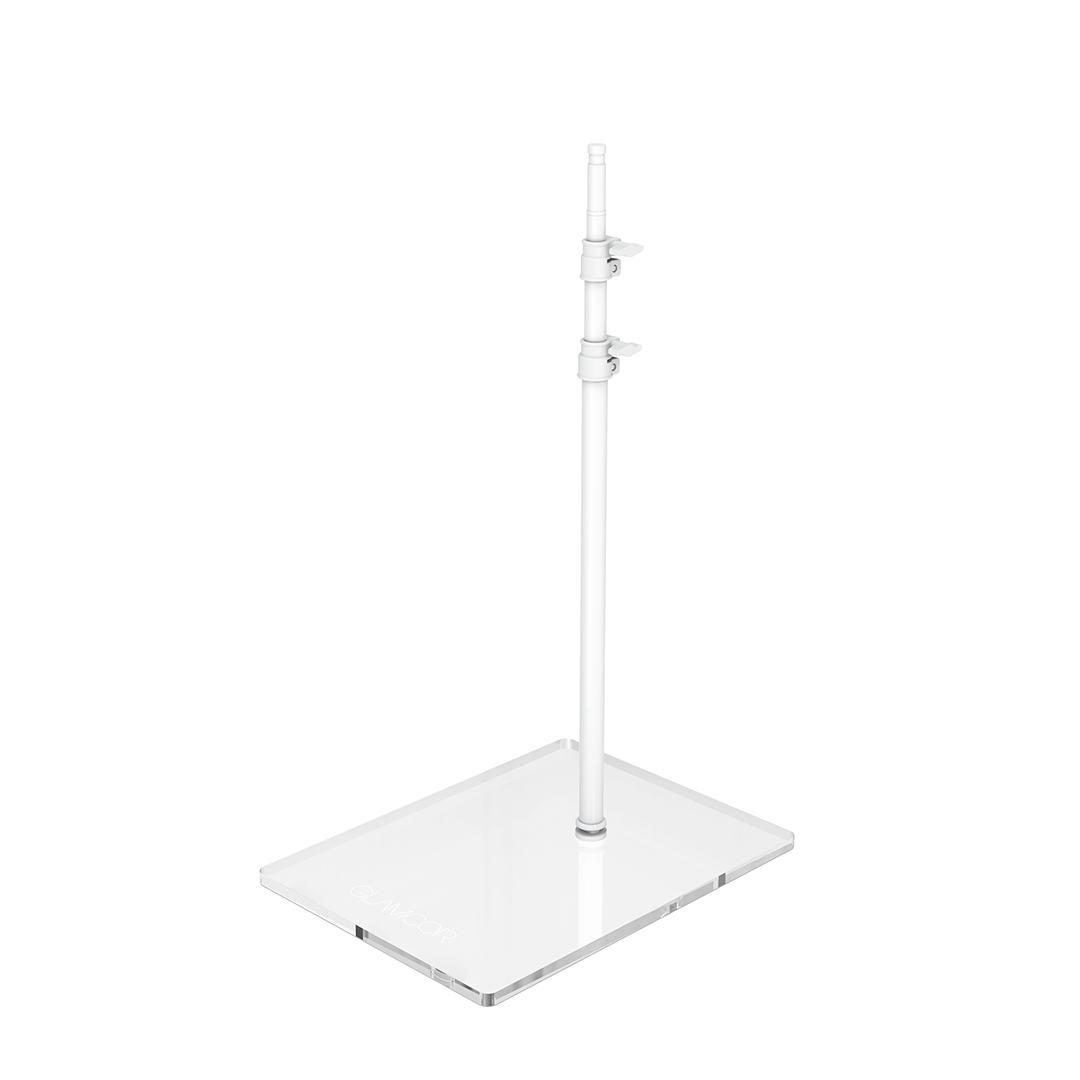 GLAMCOR Universal Flat Base in white, designed for permanent studio locations, offering stability and more foot and leg room with a low-profile design