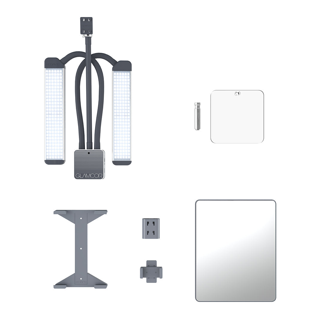 MULTIMEDIA X Table Top Light Kit - GLAMCOR LIGHTS GREY/SILVER / SQUARE TABLE BASE (6" x 6") / ACCESSORY BUNDLE (PHONE CLIP - TABLET X CLIP - MIRROR ACCESSORY - CAMERA CLIP) GLAMCOR
