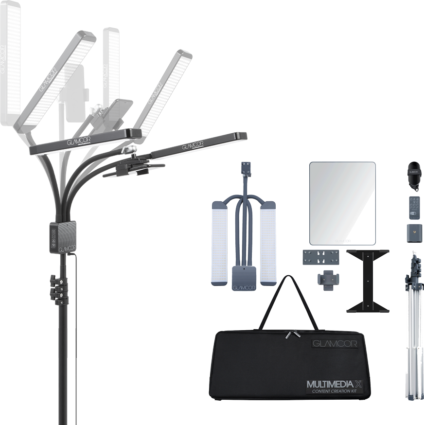 The MULTIMEDIA X Content Creation Kit includes a ser of dual and flexible luminaries, a universal phone clip, the accesory mirror, the phone clip bar, the tablet X clip, the universal camera clip, the carry bag and the telescopic stand.  